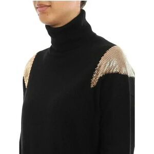 Pinko Women's Black Acrylic Knit Sweater Dress w Relaxed Turtle Neck & Gold Shou